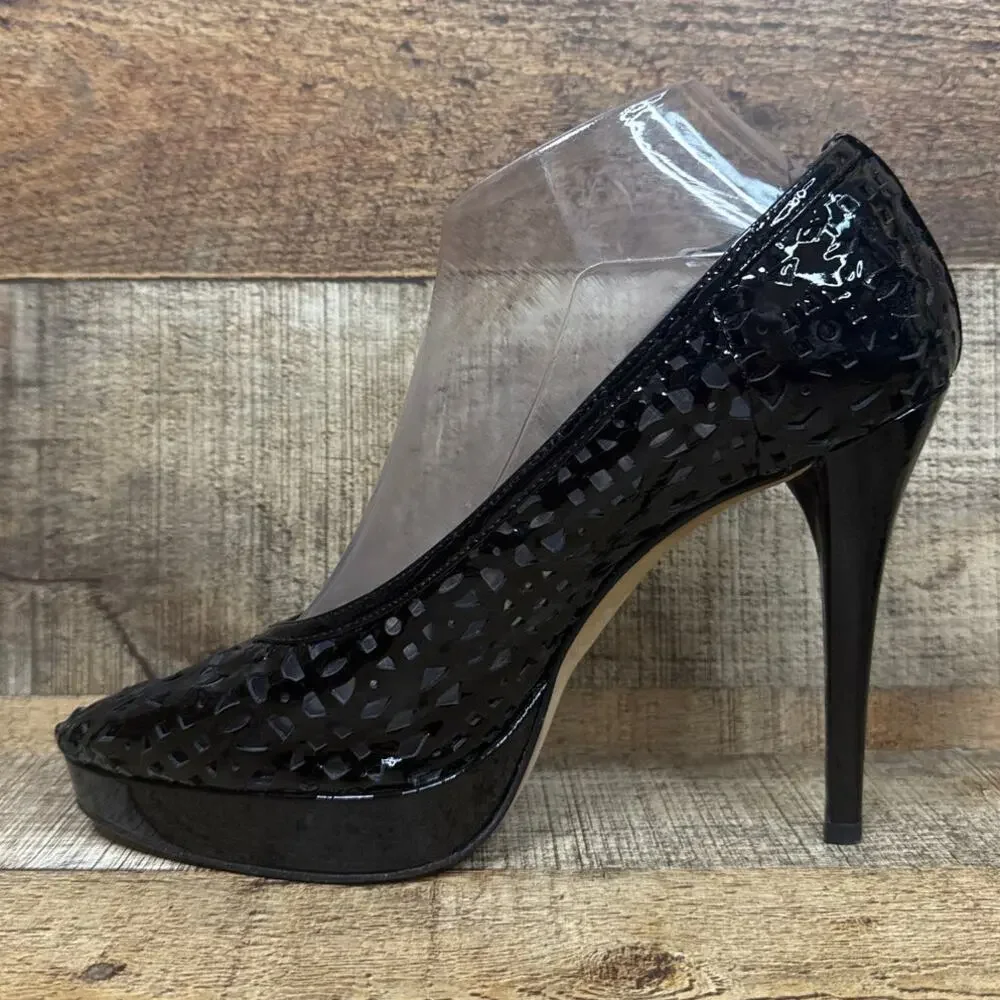 Stuart Weitzman Black Patent Leather Laser Cut Perforated Stiletto Heels SZ 9